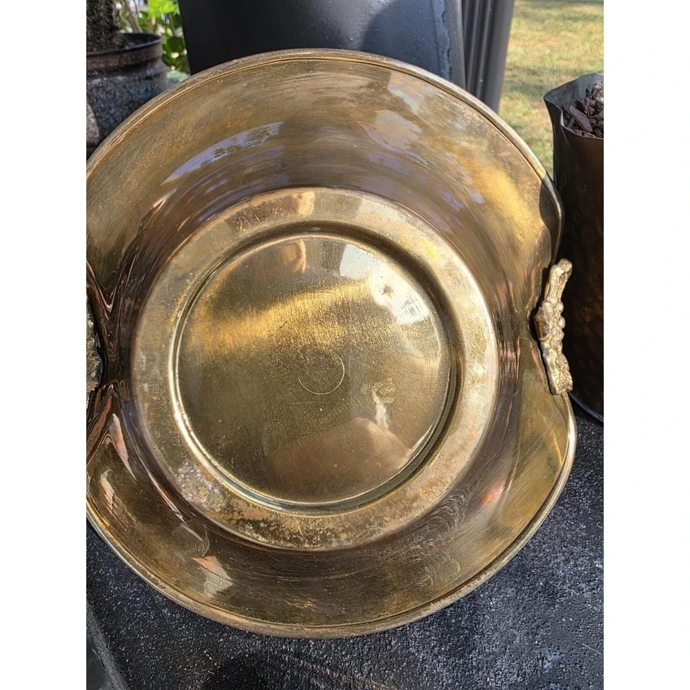 Vintage Brass Flared Basket Bowl w/ Swing Handle & Grapes Mid Century Decor‎
